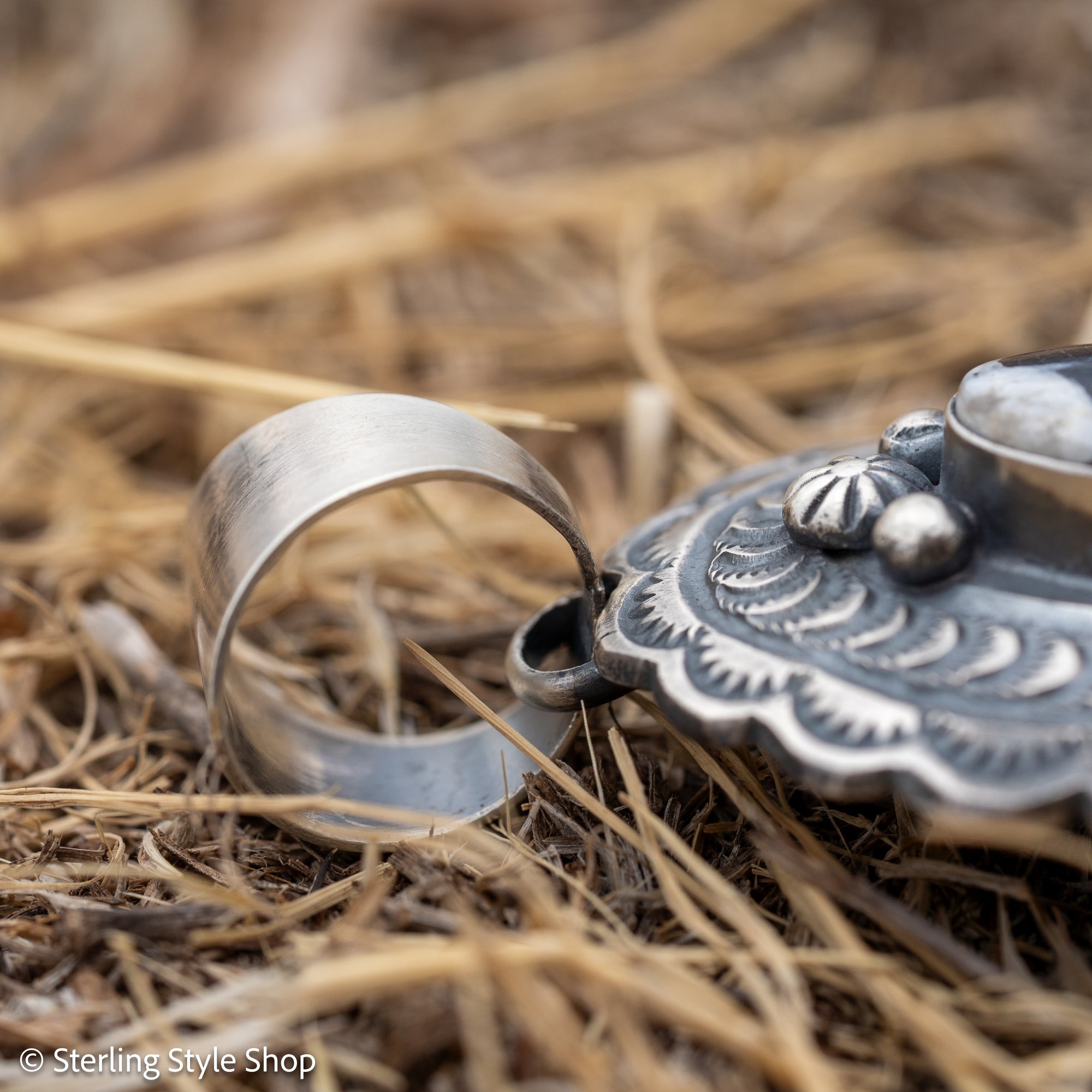 Chimney Butte White Buffalo Pendant, Scalloped Oval Concho, Navajo Sterling