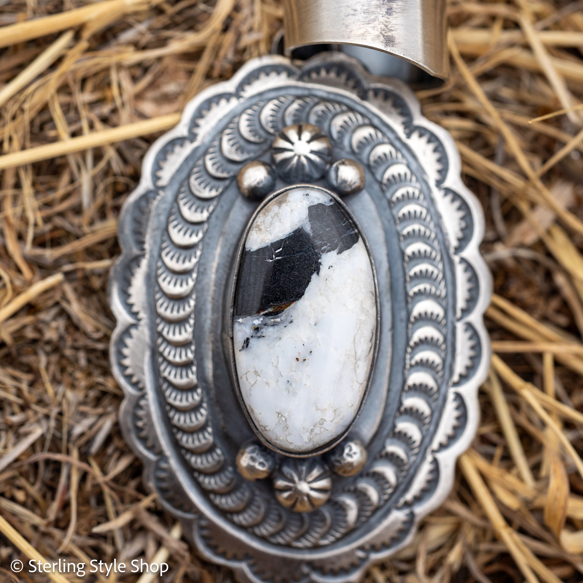 Chimney Butte White Buffalo Pendant, Scalloped Oval Concho, Navajo Sterling