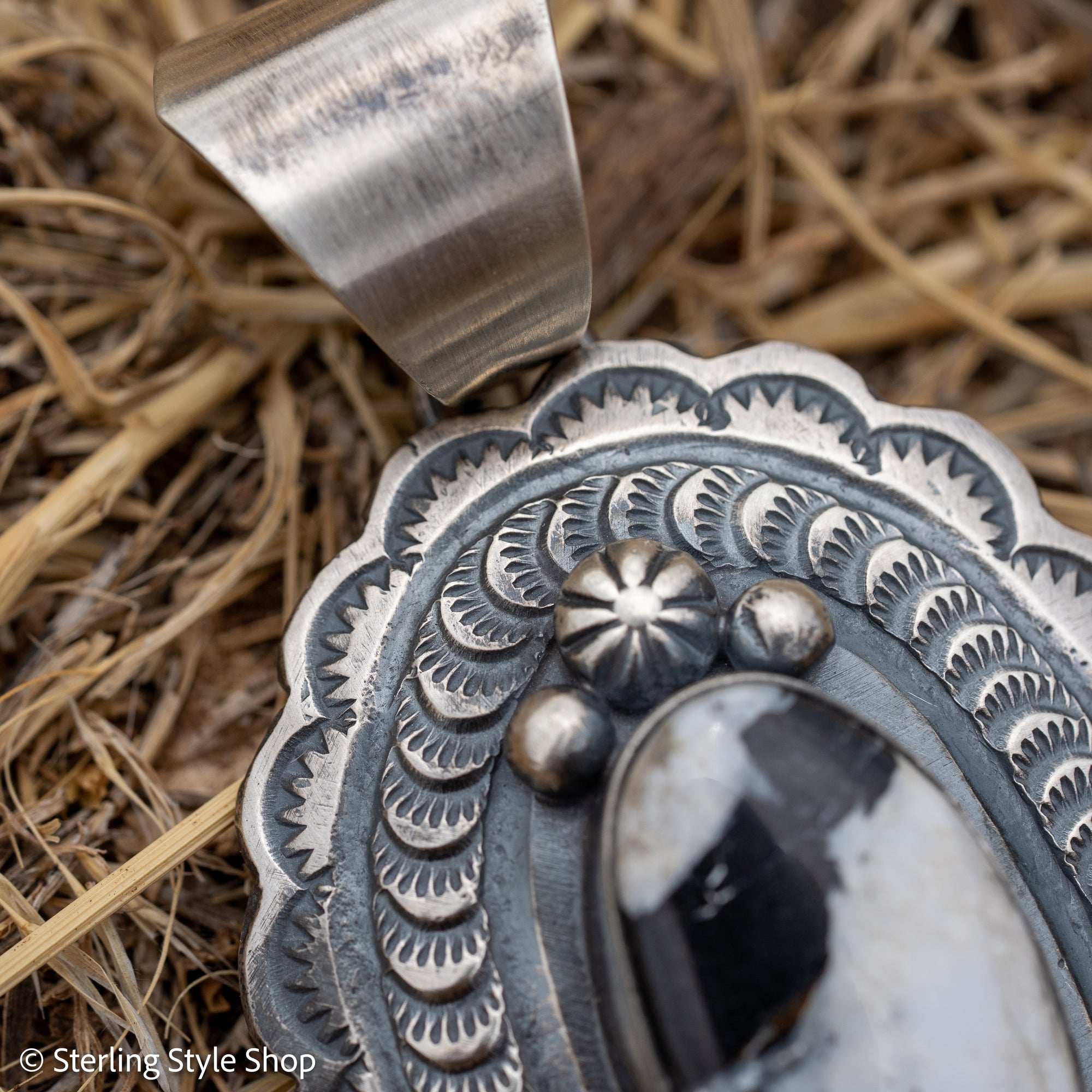 Chimney Butte White Buffalo Pendant, Scalloped Oval Concho, Navajo Sterling