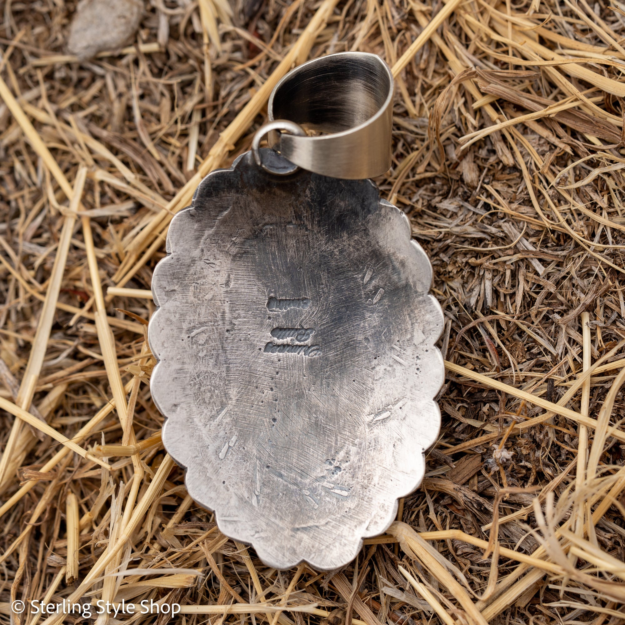 Chimney Butte White Buffalo Pendant, Scalloped Oval Concho, Navajo Sterling