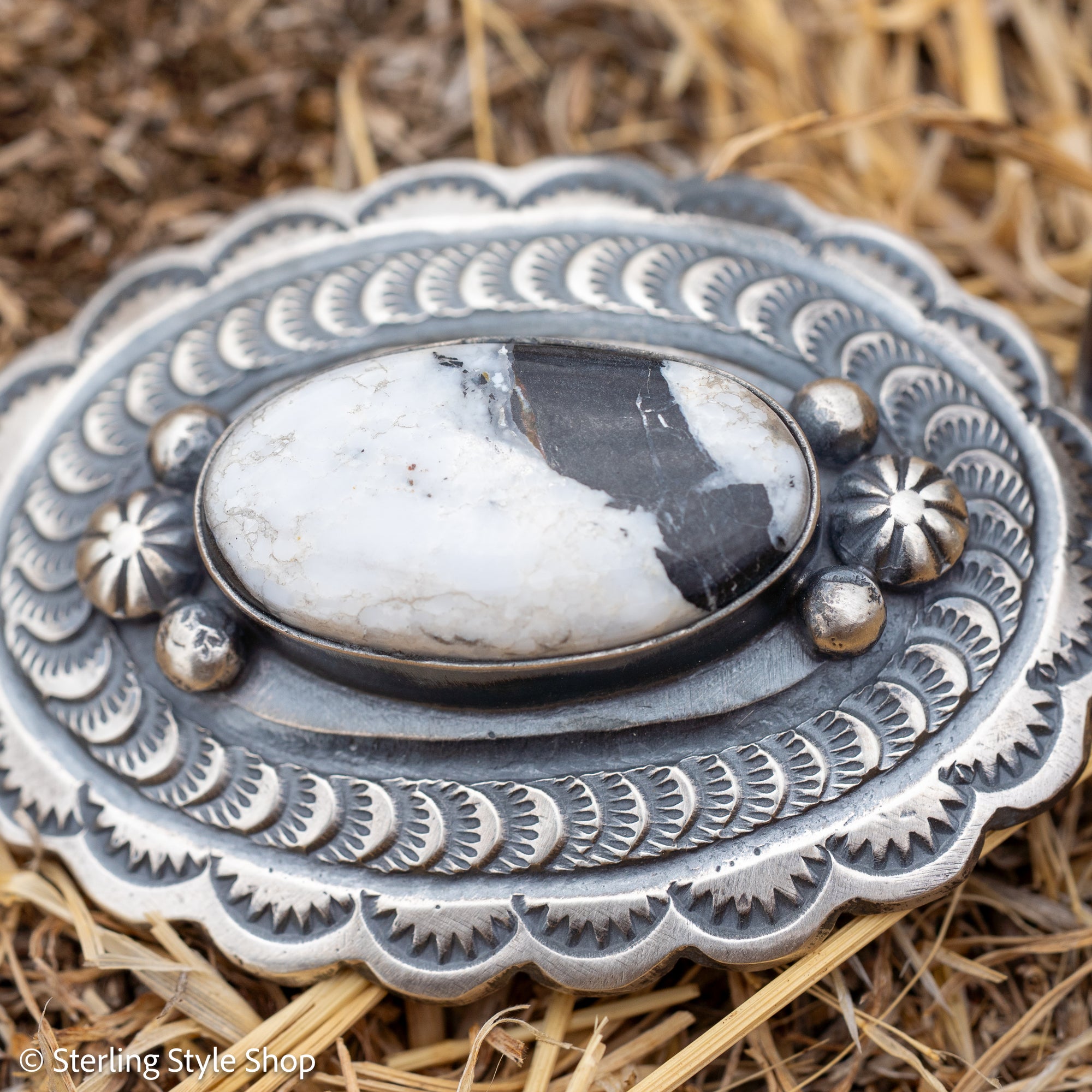 Chimney Butte White Buffalo Pendant, Scalloped Oval Concho, Navajo Sterling