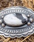 Chimney Butte White Buffalo Pendant, Scalloped Oval Concho, Navajo Sterling
