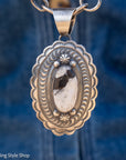 Chimney Butte White Buffalo Pendant, Scalloped Oval Concho, Navajo Sterling