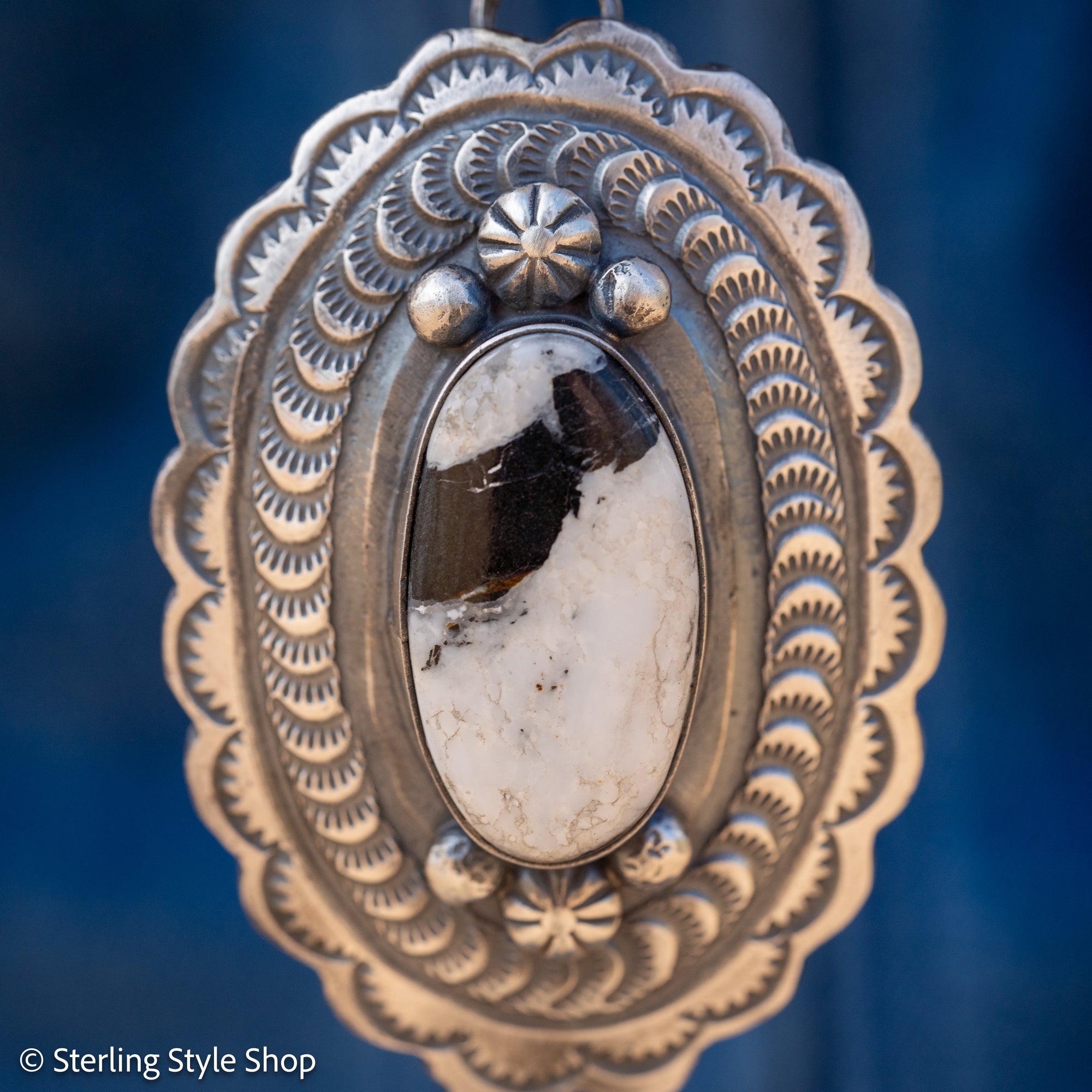 Chimney Butte White Buffalo Pendant, Scalloped Oval Concho, Navajo Sterling