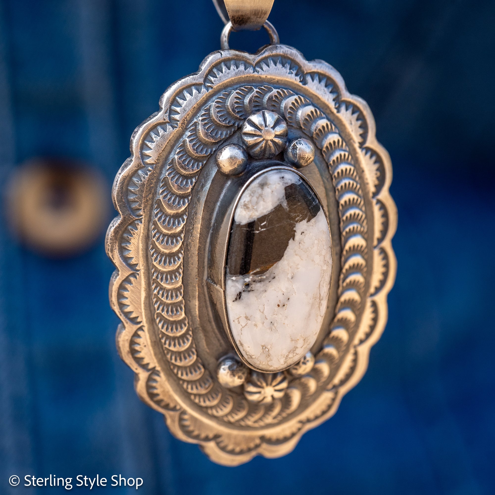 Chimney Butte White Buffalo Pendant, Scalloped Oval Concho, Navajo Sterling