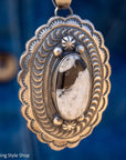 Chimney Butte White Buffalo Pendant, Scalloped Oval Concho, Navajo Sterling