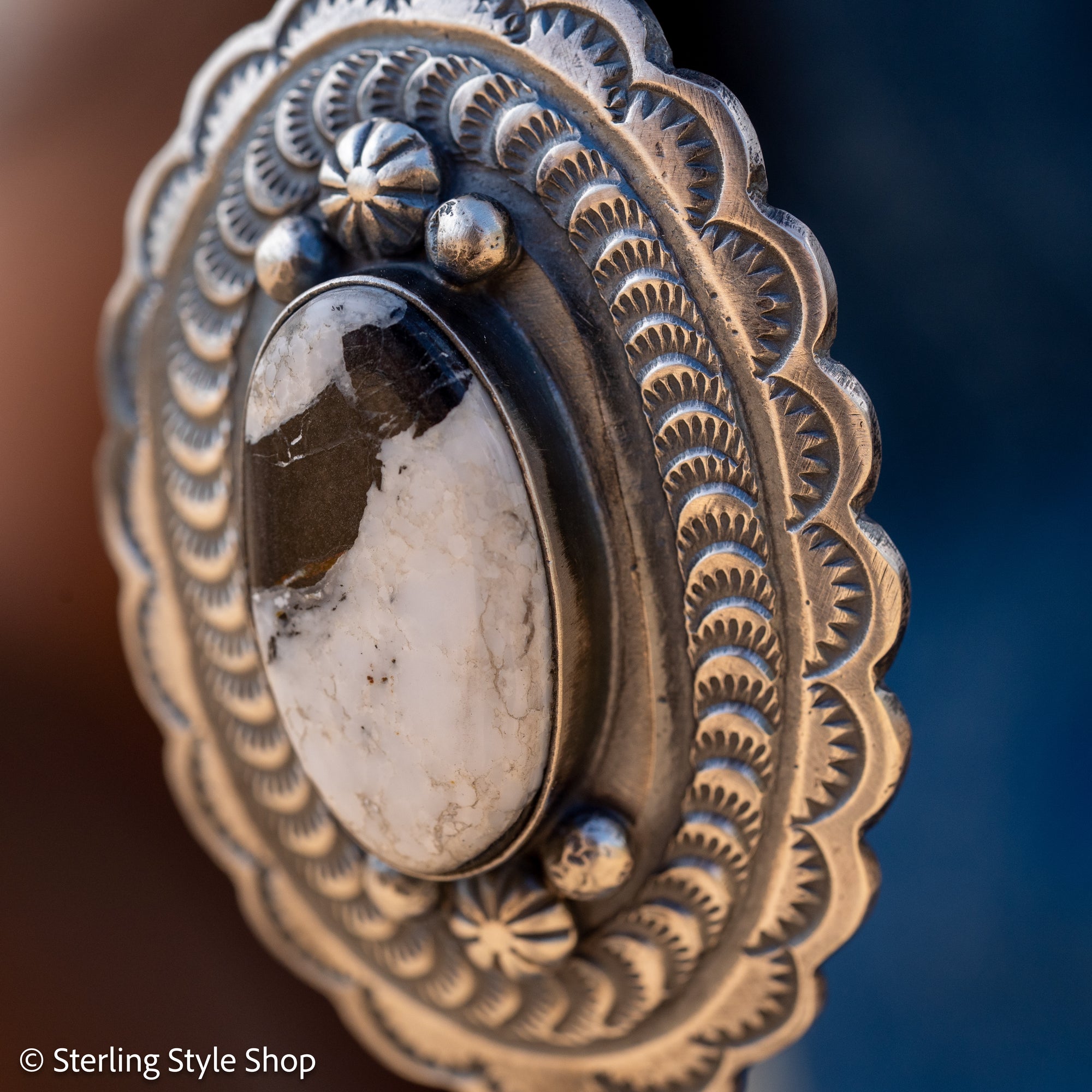 Chimney Butte White Buffalo Pendant, Scalloped Oval Concho, Navajo Sterling