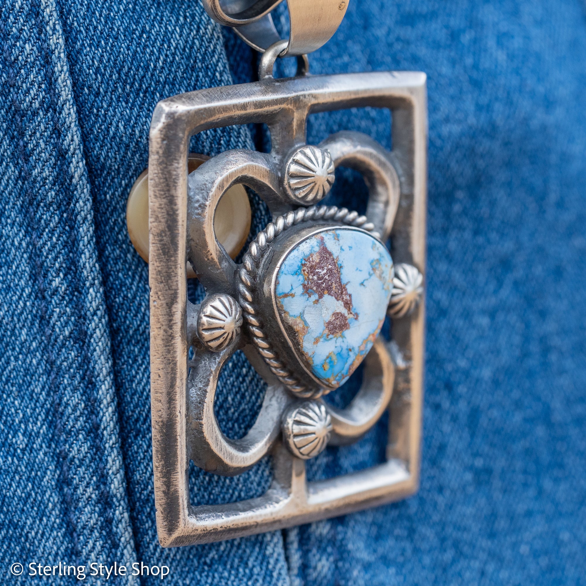 Chimney Butte Golden Hills Turquoise Pendant, Open Frame, Navajo Sterling