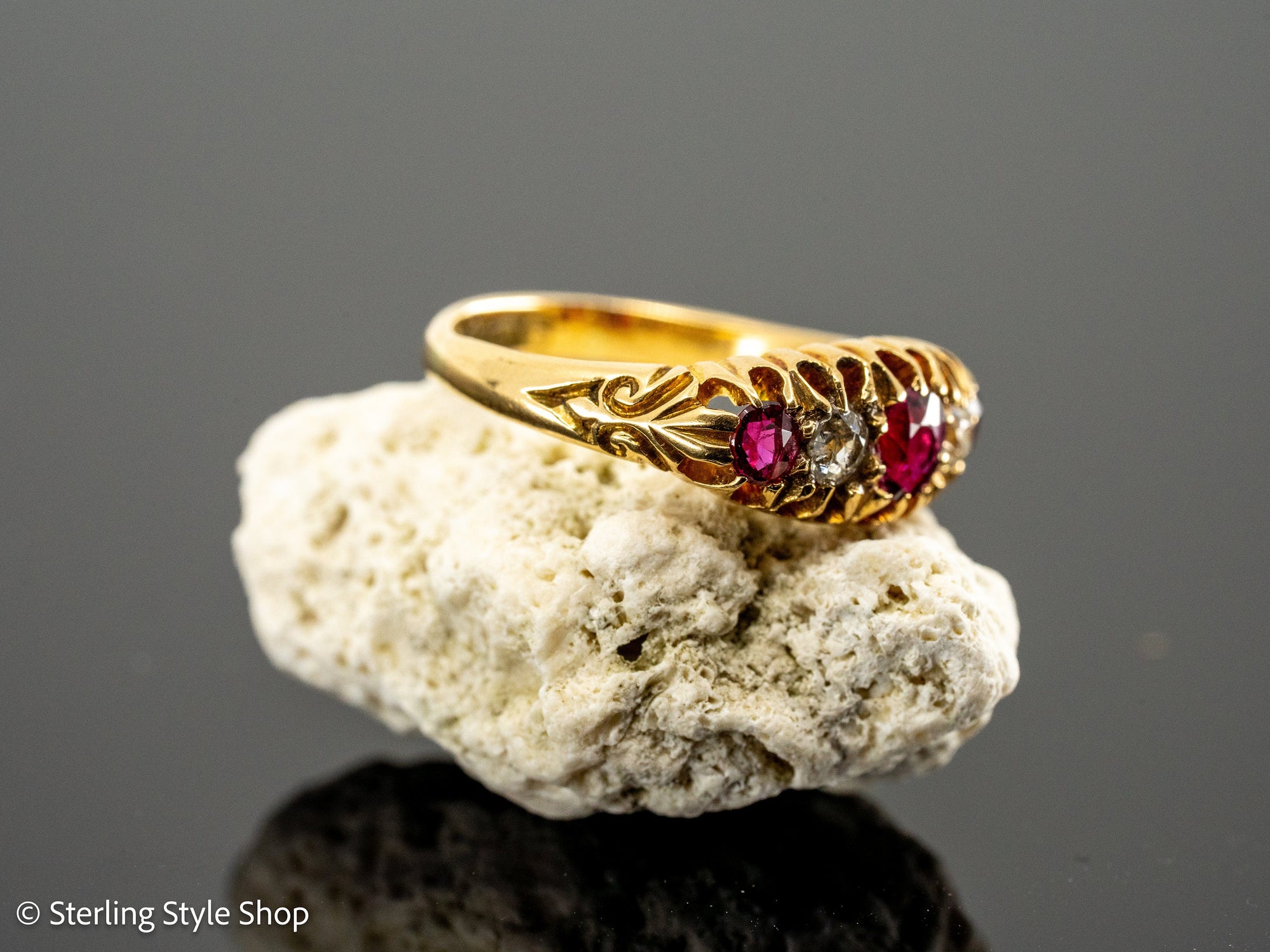 Antique 1900s 18K old cut ruby and diamond half hoop ring