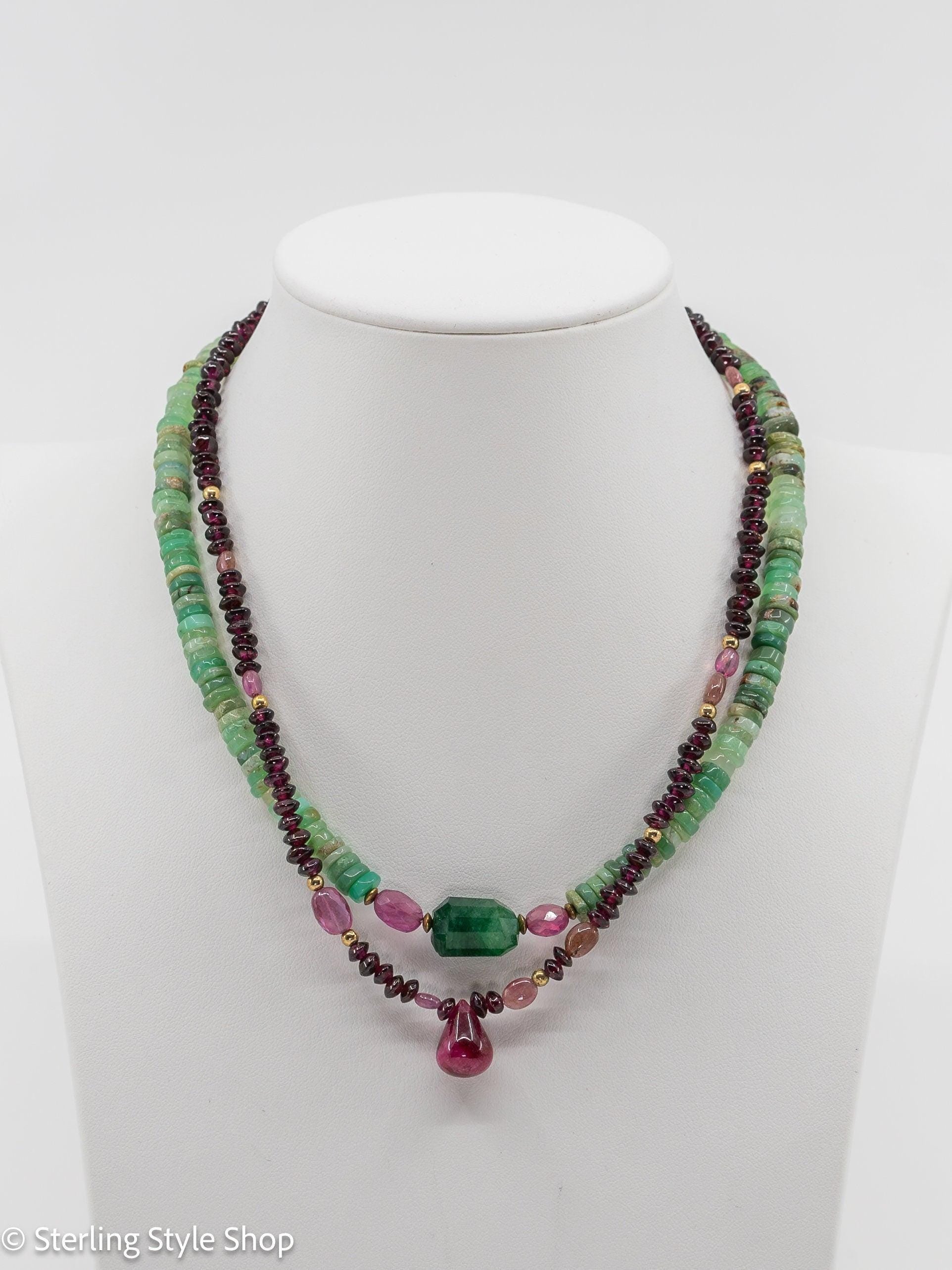 15.5&quot; Emerald Pink Sapphire Chrysoprase Beaded Necklace