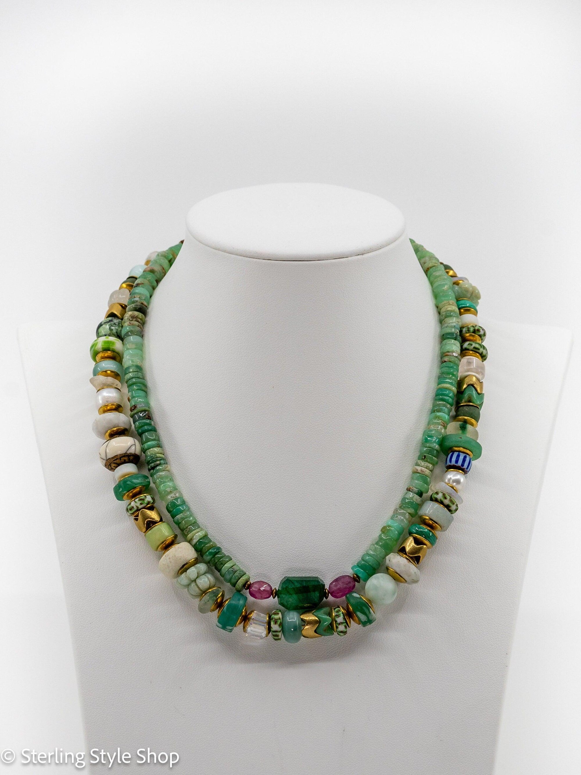 15.5&quot; Emerald Pink Sapphire Chrysoprase Beaded Necklace